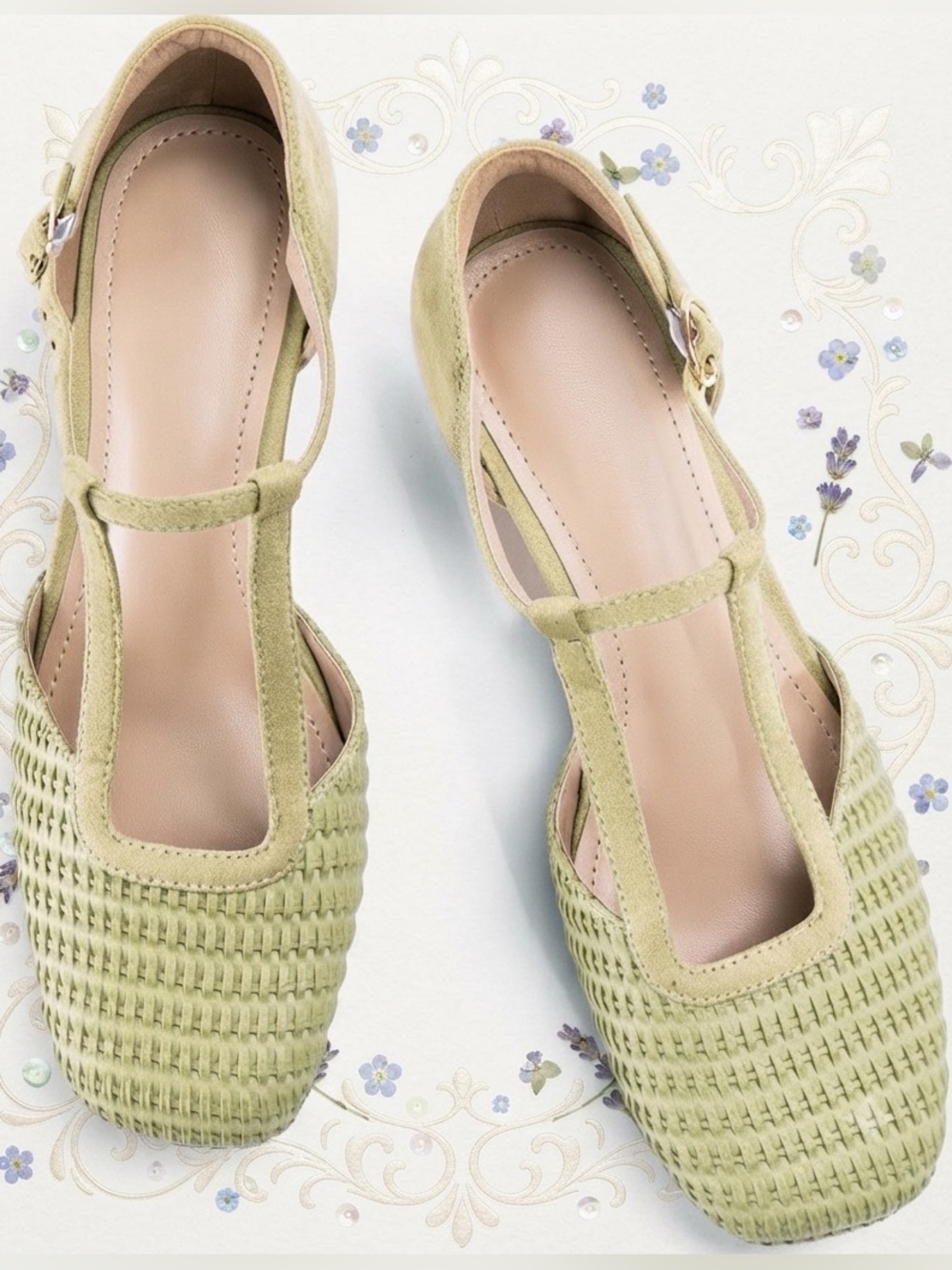 Women’s Woven T-Strap Mary Jane Block Heels in Sage Green